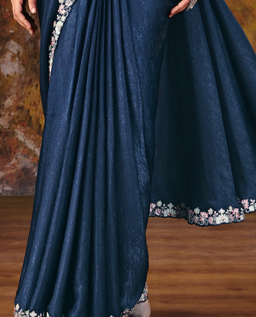 27106 - Dark Blue Embroidered Wedding Party Designer Saree